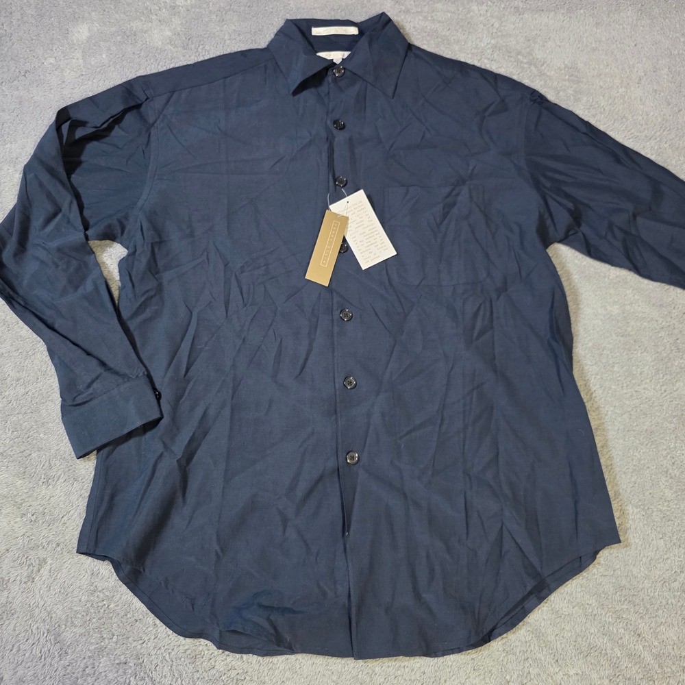 Perry Ellis Mens Large Button Down Shirt Navy Silk Cotton Blend MF2652 Marine